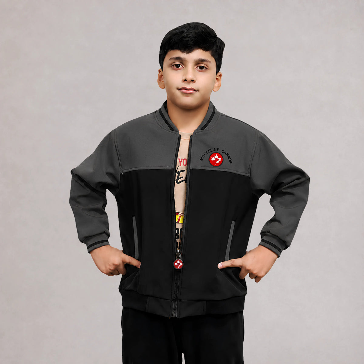 MooseLine Kids Softshell Jacket – Black & Grey | Ages 2–12 | MooseLine Canada