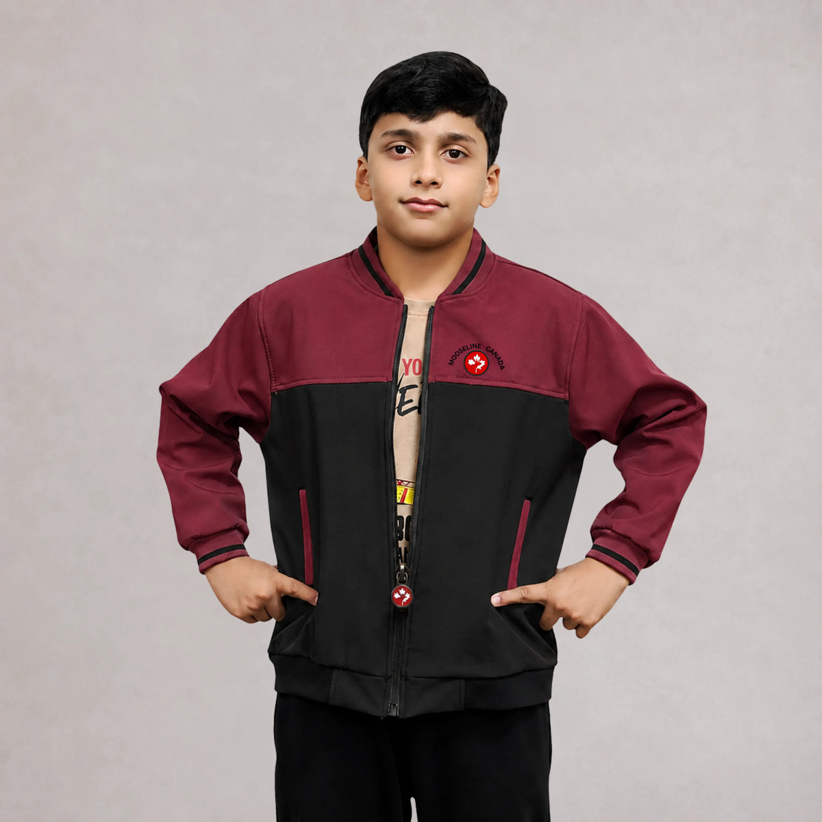 MooseLine Kids Softshell Jacket – Black & Mehroon | Ages 2–12 | MooseLine Canada