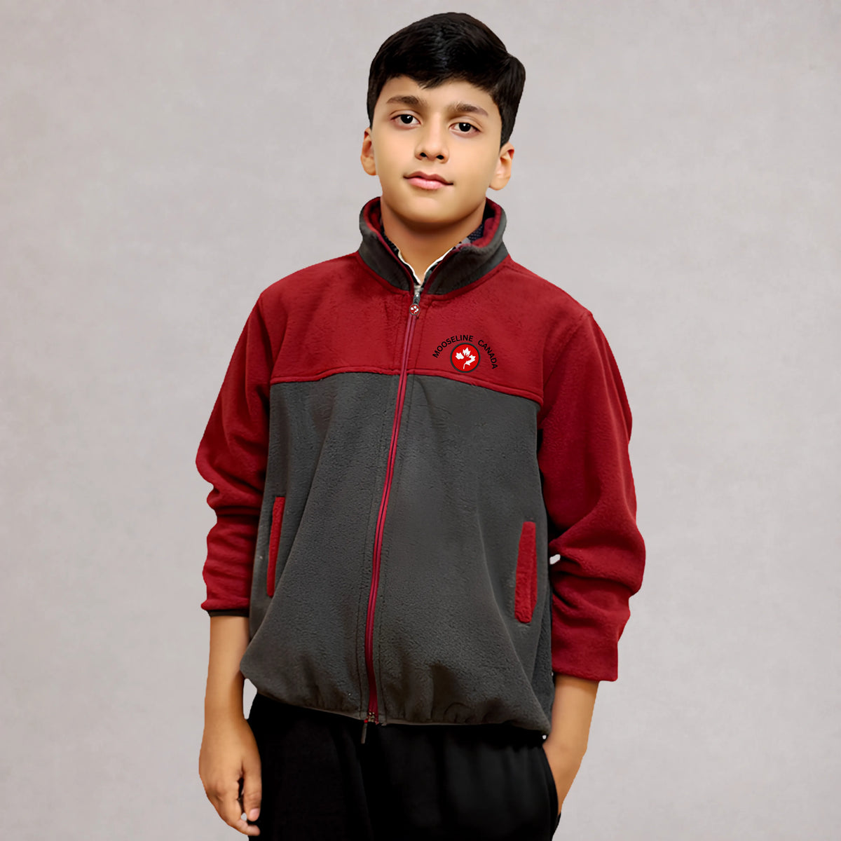 MooseLine Polar Fleece Kids Jacket – Mehroon & Grey | Sizes 2–12 | MooseLine Canada