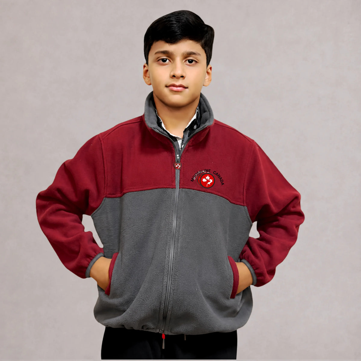 MooseLine Polar Fleece Kids Jacket – Mehroon & Grey | Sizes 2–12 | MooseLine Canada