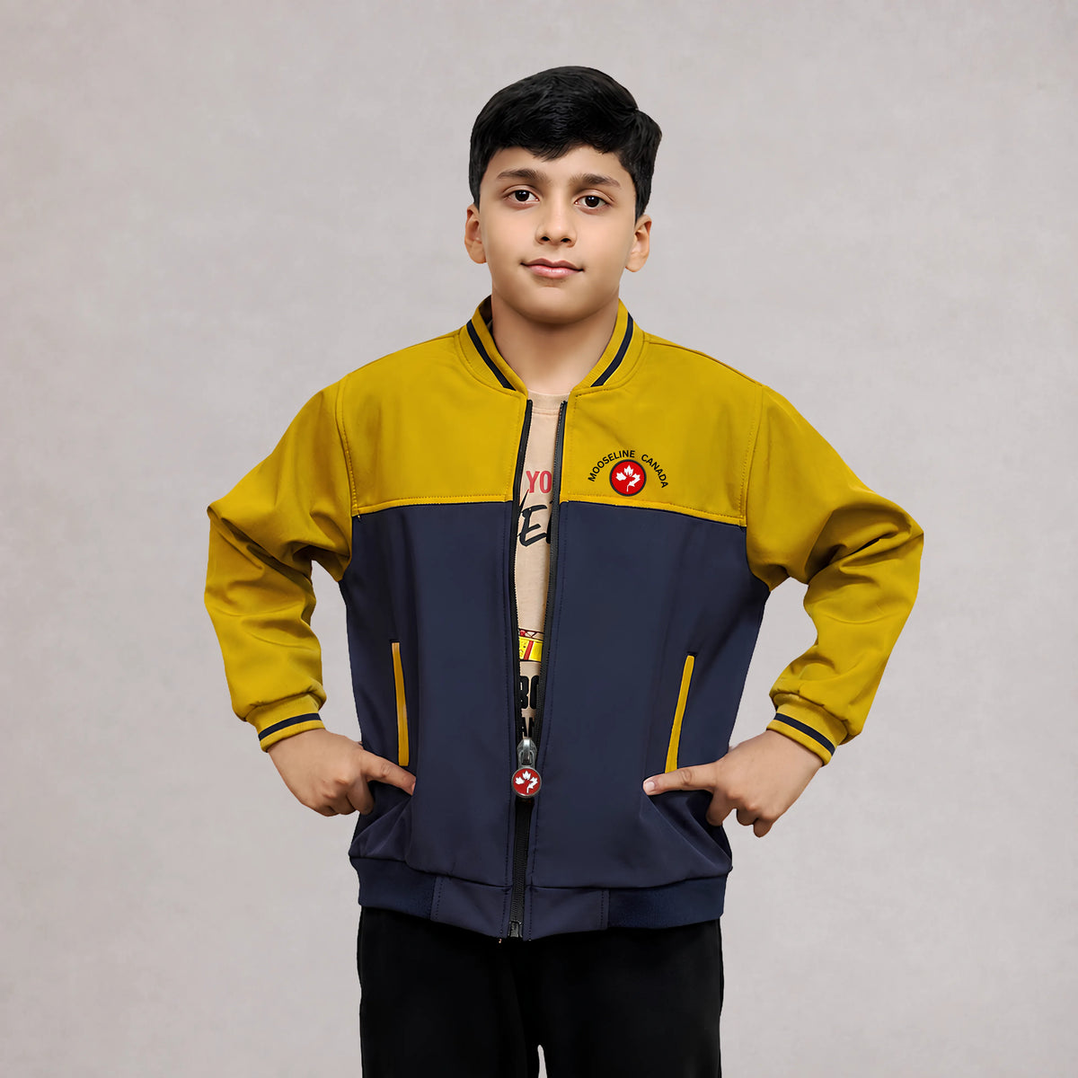 MooseLine Kids Softshell Jacket – Navy & Mustard | Sizes 2–12 | MooseLine Canada