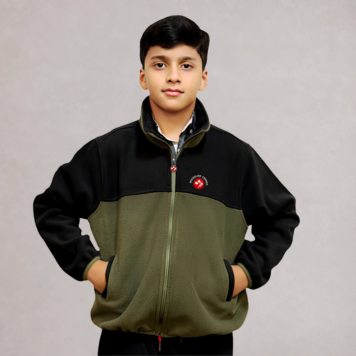 MooseLine Polar Fleece Kids Jacket – Black & Olive | Sizes 2–12 | MooseLine Canada