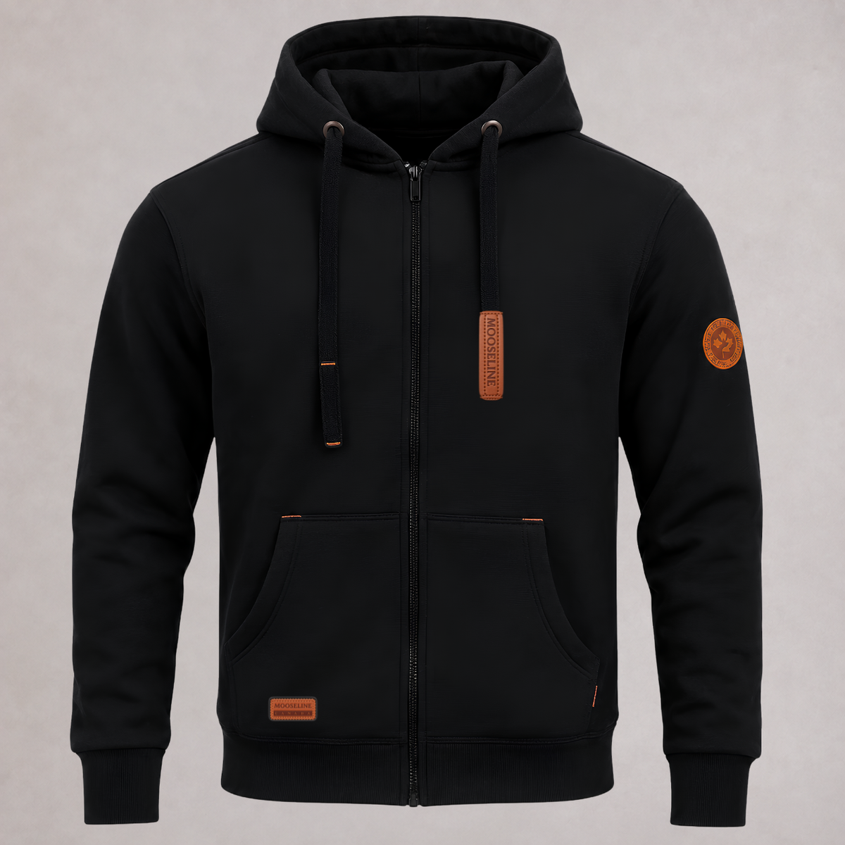 Fleece Black Zip Hoodie with Leather Badges | MooseLine Canada
