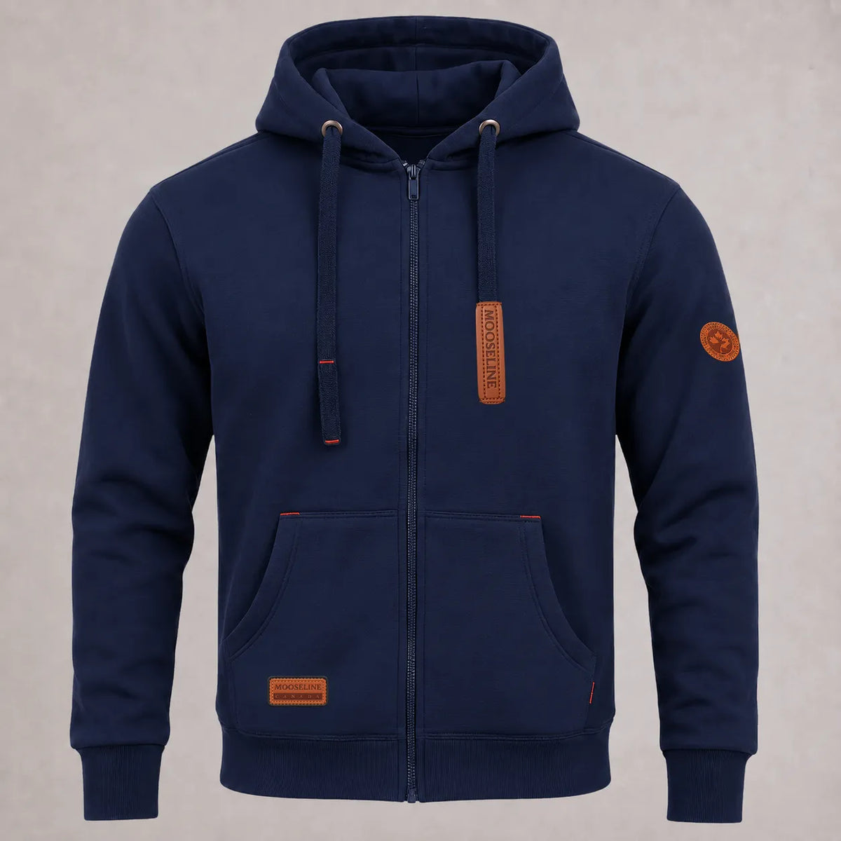 Fleece Navy Blue Zip Hoodie with Leather Badges | MooseLine Canada