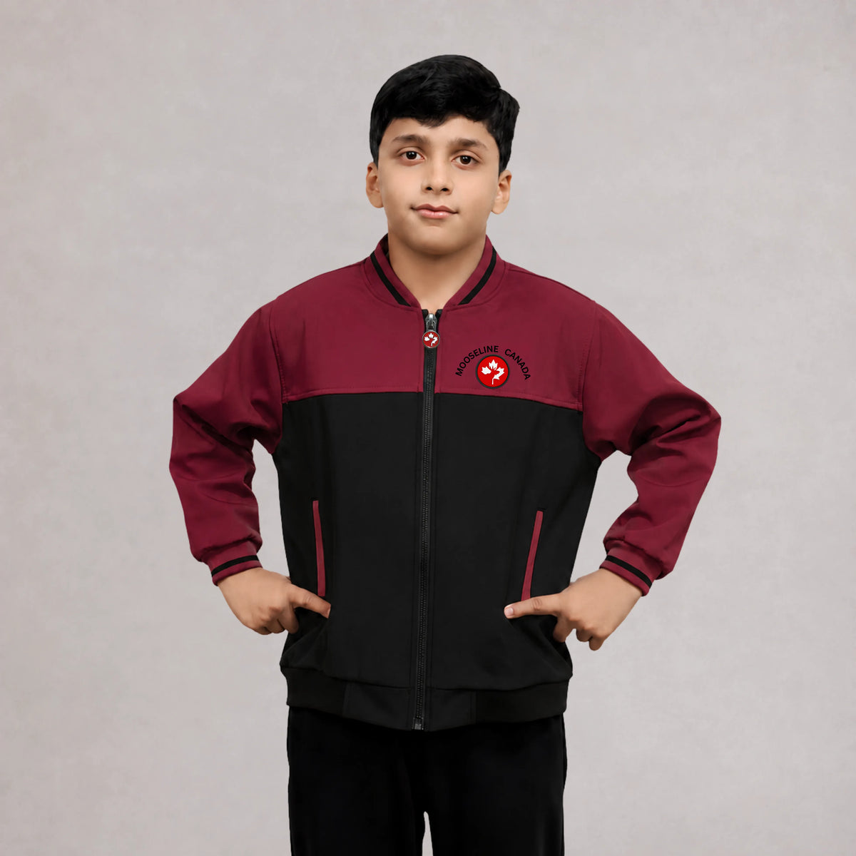 MooseLine Kids Softshell Jacket – Black & Mehroon | Ages 2–12 | MooseLine Canada