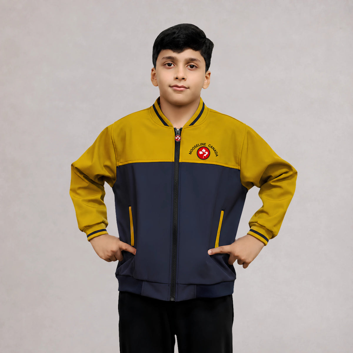MooseLine Kids Softshell Jacket – Navy & Mustard | Sizes 2–12 | MooseLine Canada