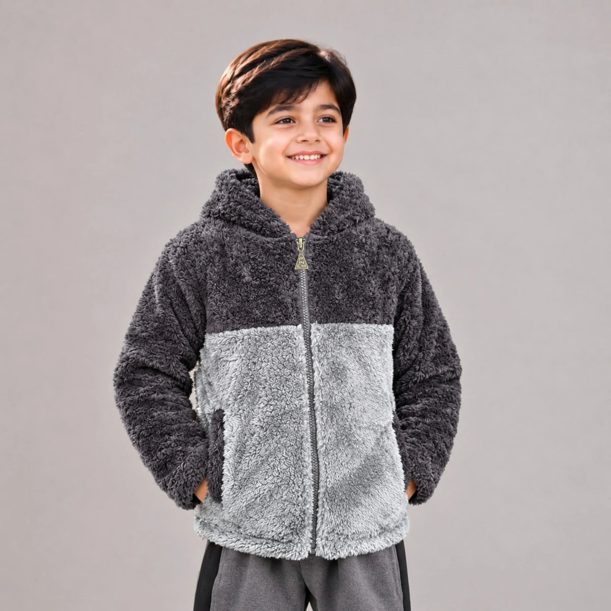 Kids Sherpa Zip Hoodie – Black & Gray | Mooseline Canada