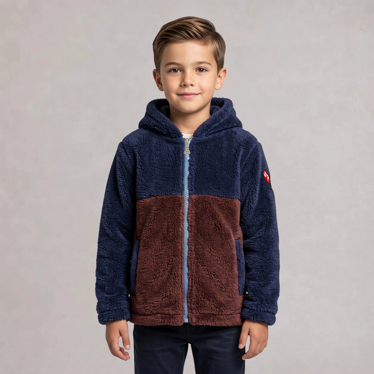 Kids Sherpa Zip Hoodie – Navy & Brown | Mooseline Canada