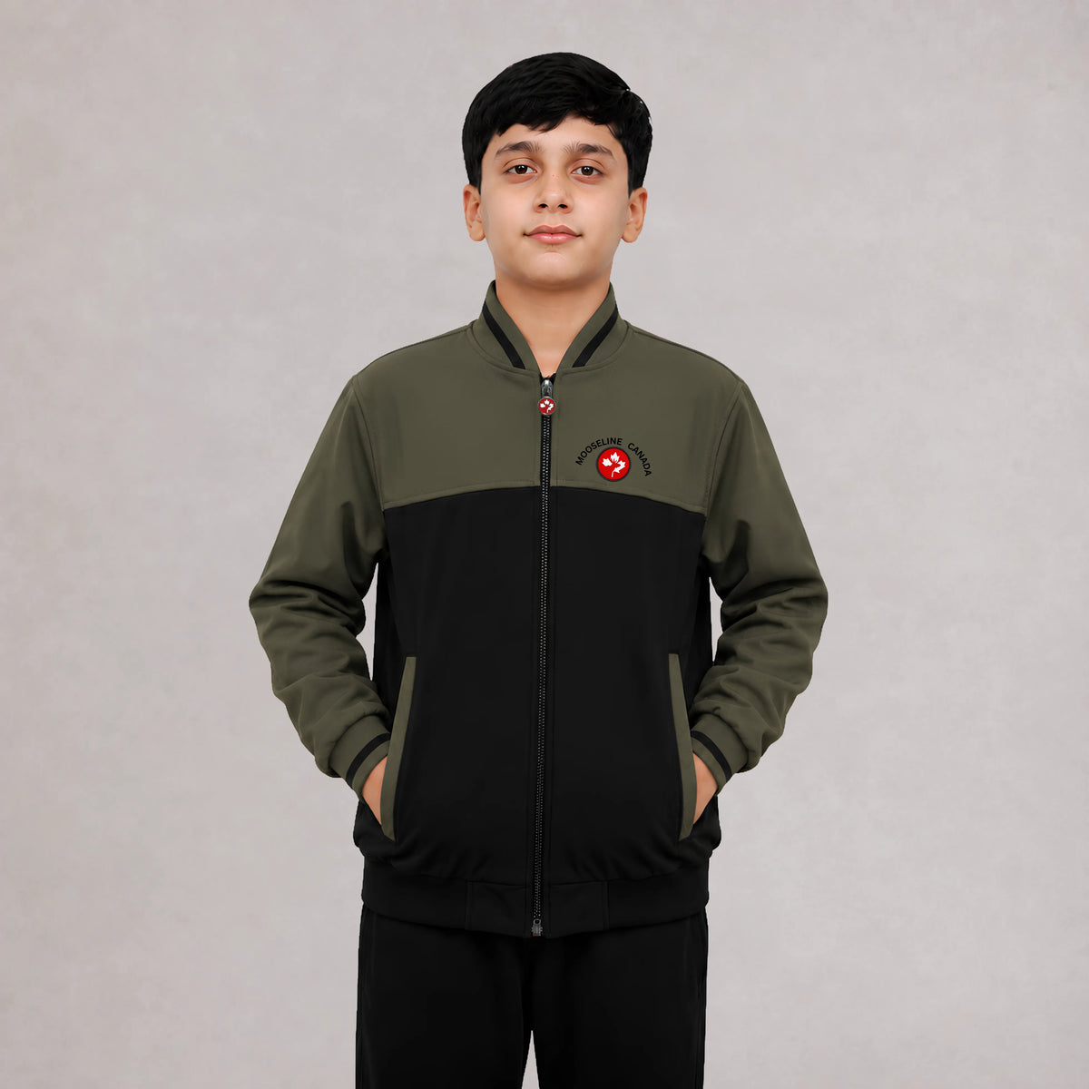 MooseLine Kids Softshell Jacket – Black & Olive | Ages 2–12 | MooseLine Canada