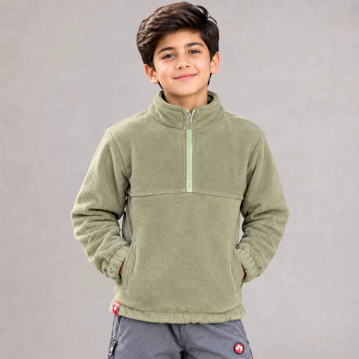 Kids Polar Fleece Half-Zip – Olive | MooseLine Canada