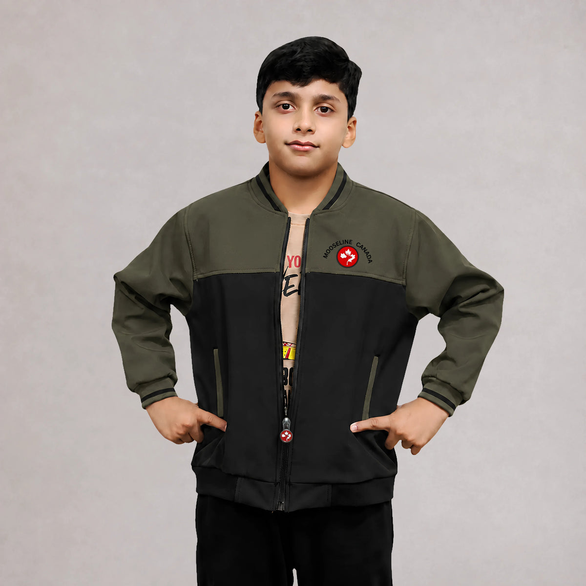 MooseLine Kids Softshell Jacket – Black & Olive | Ages 2–12 | MooseLine Canada